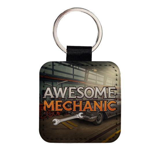 Awesome Mechanic Automotive Garage Inspirational Square Faux Leather Keychain