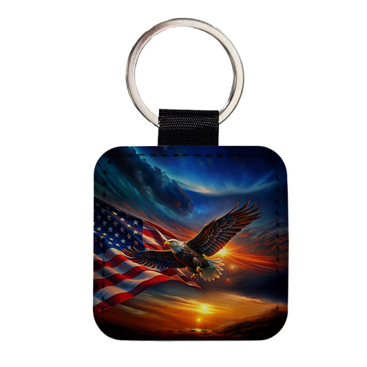 Awesome Patriotic American Flag and Flying Bald Eagle Square Faux Leather Keychain
