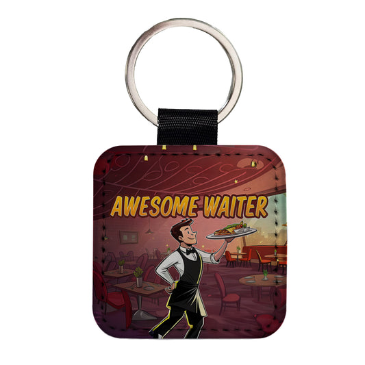 Awesome Waiter Inspirational Food Server Square Faux Leather Keychain