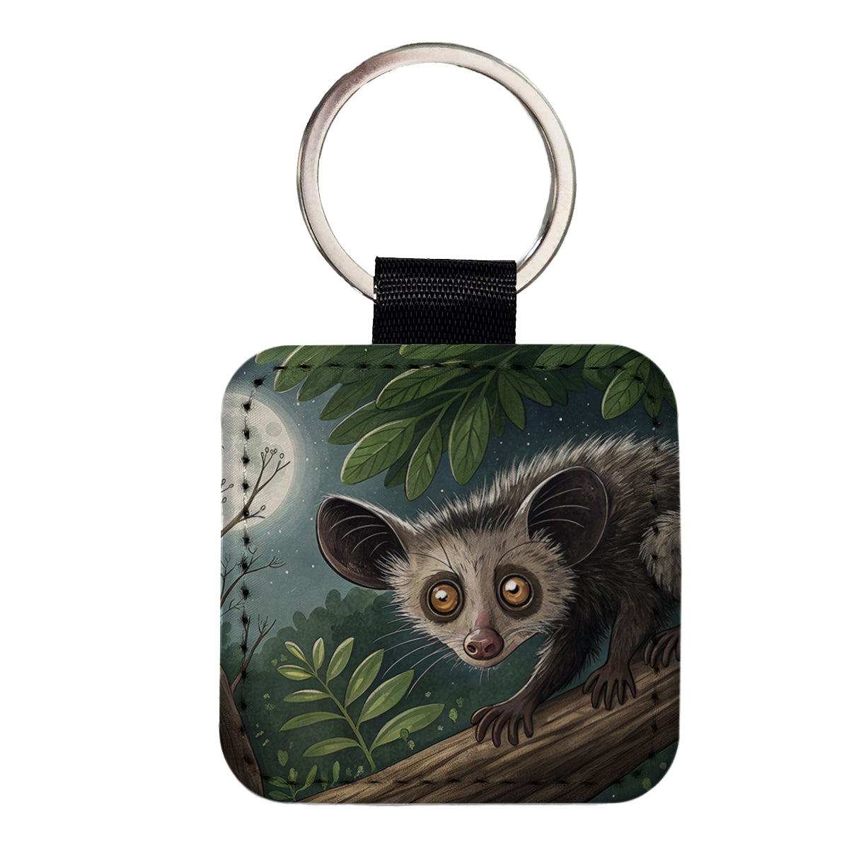 Aye Aye Long Fingered Lemur Illustration Square Faux Leather Keychain