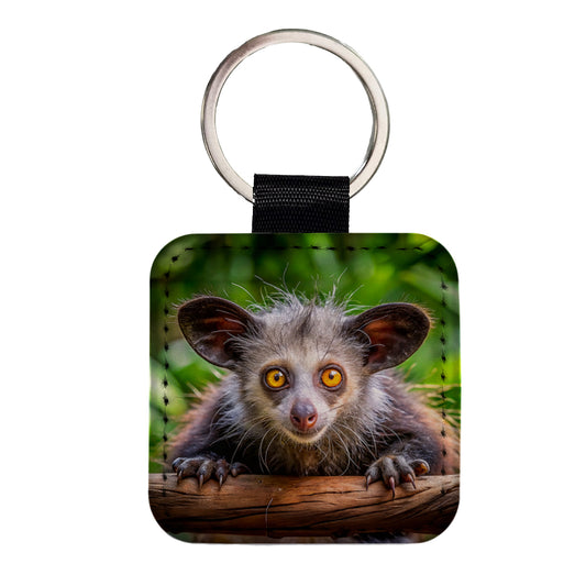 Aye Aye Long Fingered Lemur Square Faux Leather Keychain