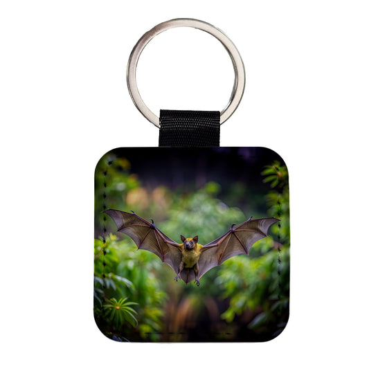 Bat Flying Photo Square Faux Leather Keychain