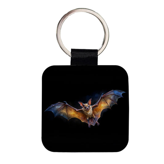 Bat Flying Watercolor Black Background Square Faux Leather Keychain