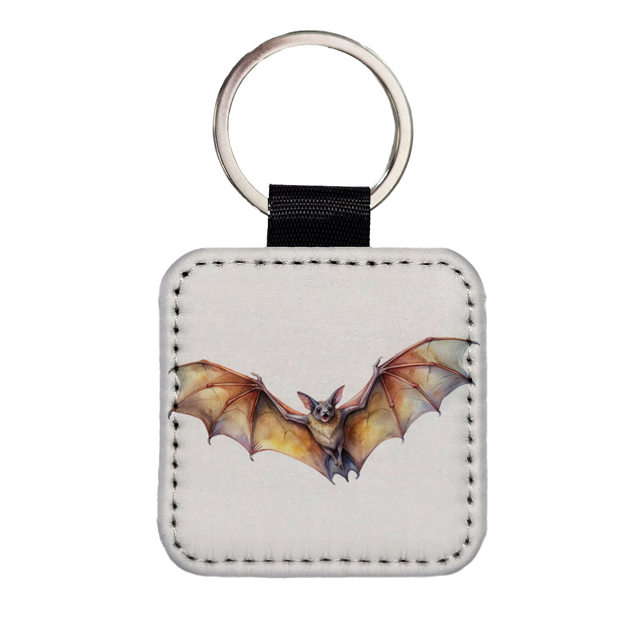 Bat Flying Watercolor Square Faux Leather Keychain