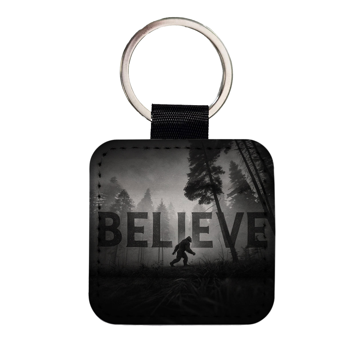 Believe Bigfoot Fantasy Creatures Square Faux Leather Keychain