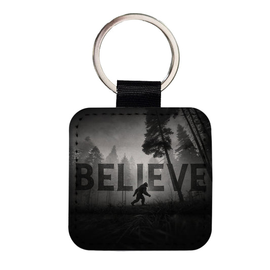Believe Bigfoot Fantasy Creatures Square Faux Leather Keychain