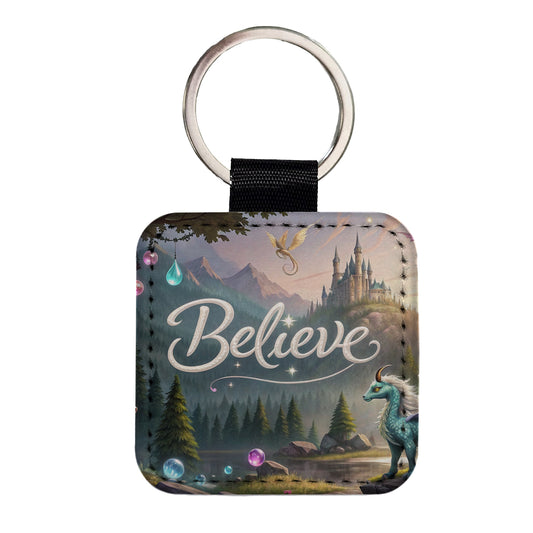 Believe Fantasy Creatures Square Faux Leather Keychain