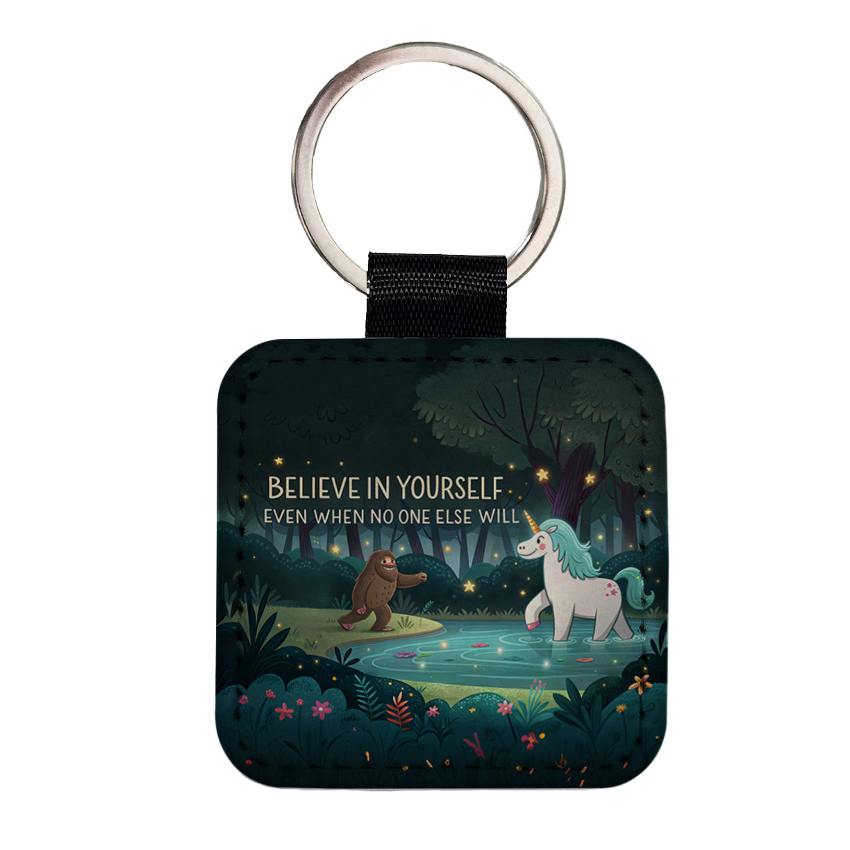Believe In Yourself Even When No One Else Will Bigfoot Unicorn Funny Square Faux Leather Keychain