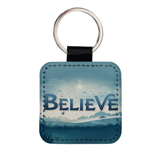 Believe Inspirational Religious Square Faux Leather Keychain