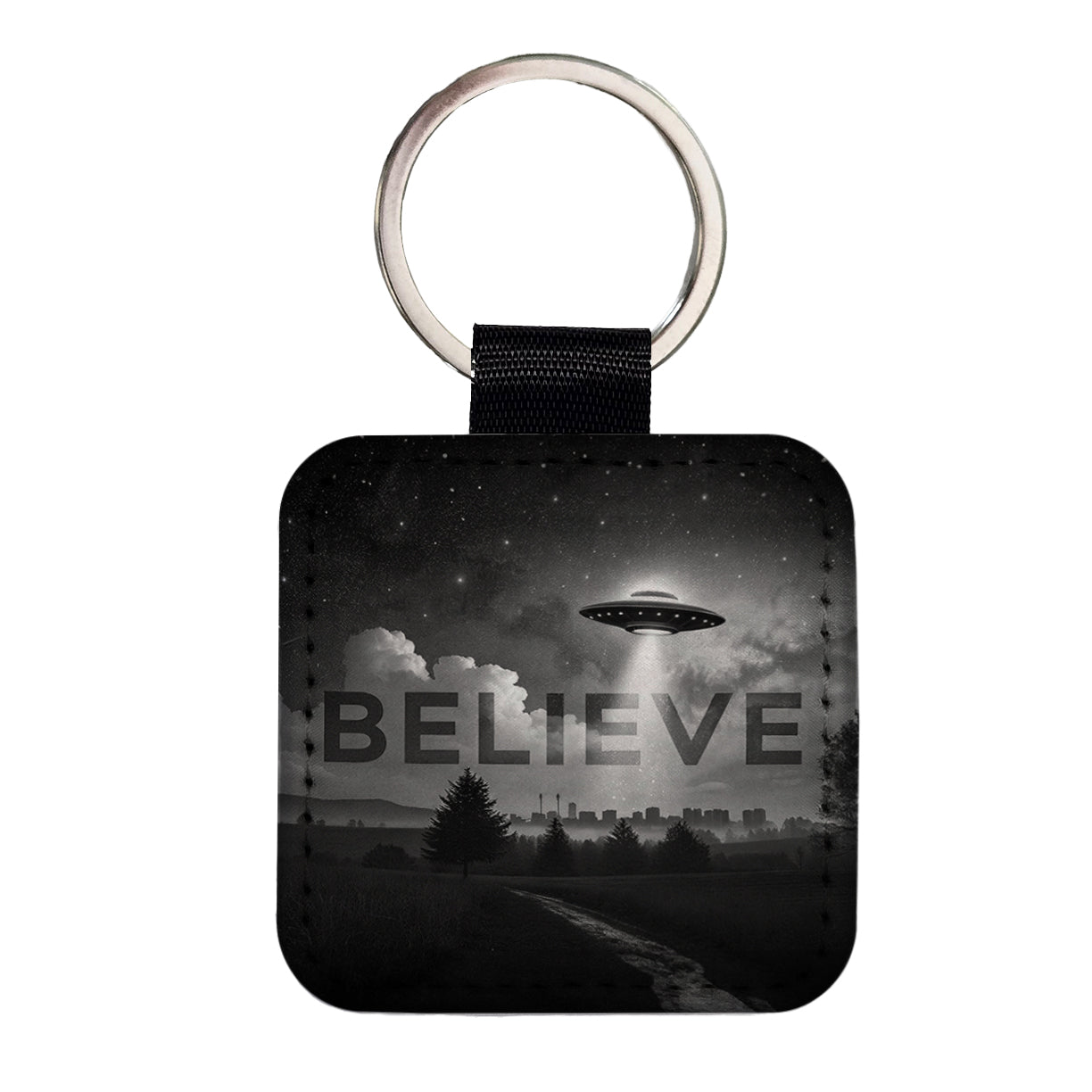 Believe UFO Sci-Fi Fantasy Square Faux Leather Keychain