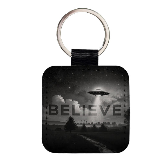 Believe UFO Sci-Fi Fantasy Square Faux Leather Keychain