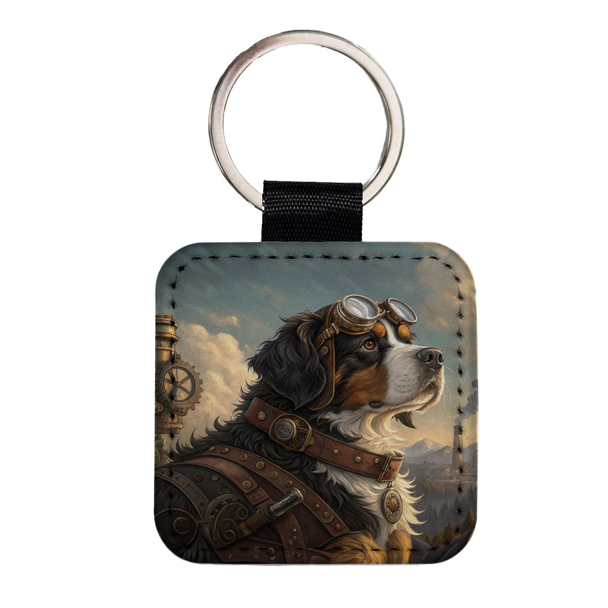 Bernese Mountain Dog Steampunk Square Faux Leather Keychain