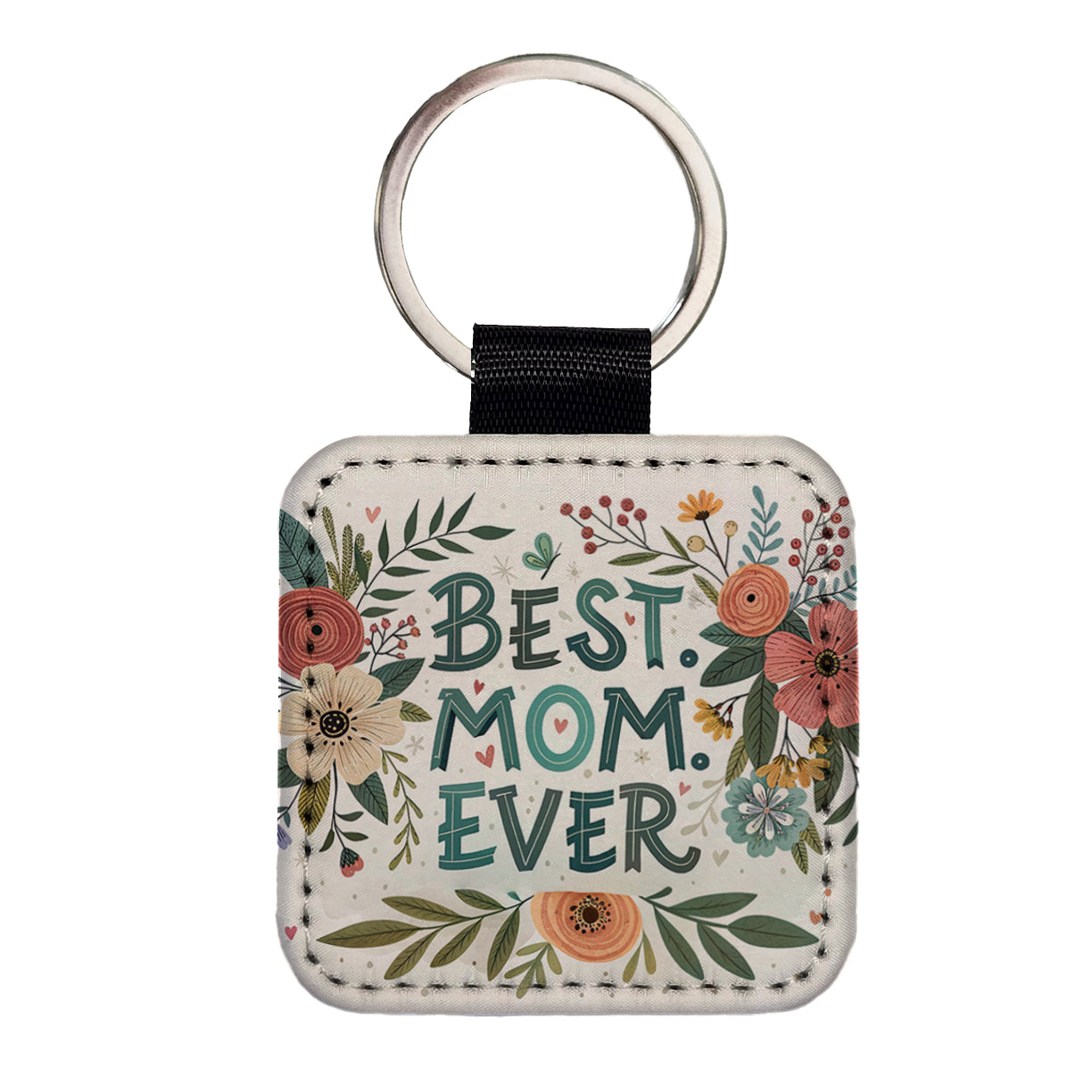 Best Mom Ever Mother's Day Flowers Theme Square Faux Leather Keychain