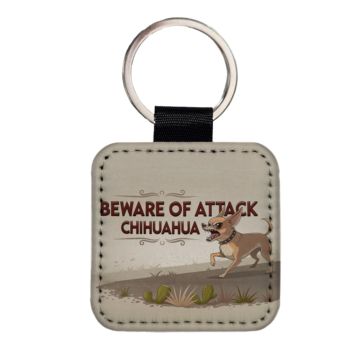 Beware Of Attack Chihuahua Dog Funny Square Faux Leather Keychain