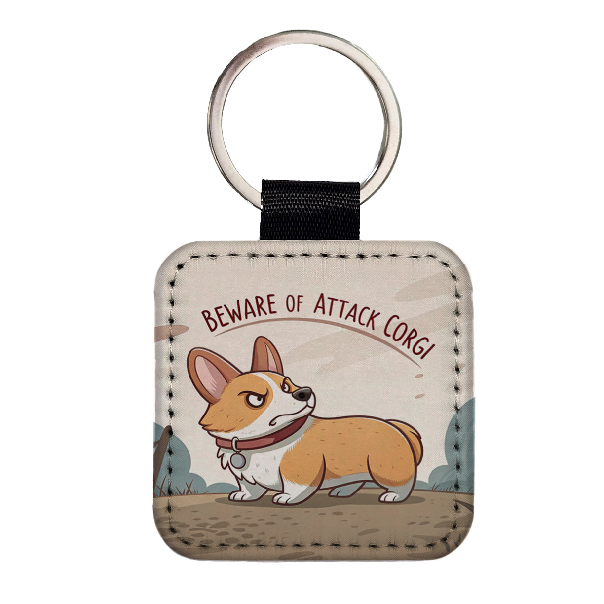 Beware Of Attack Corgi Dog Funny Square Faux Leather Keychain
