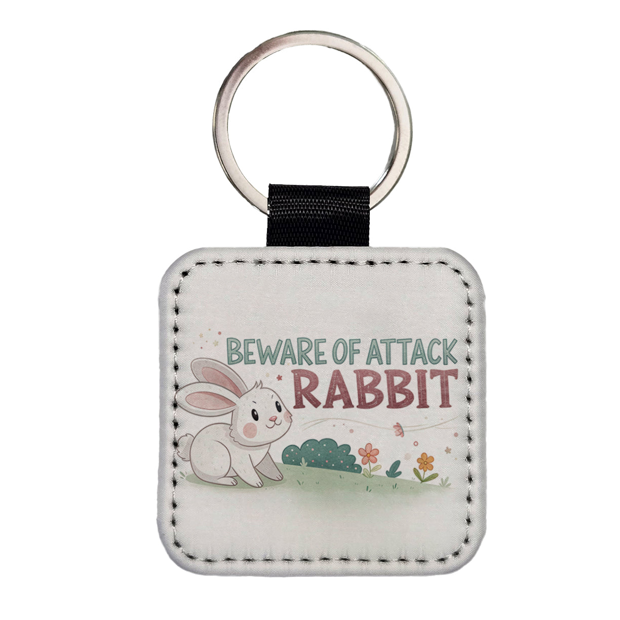 Beware Of Attack Rabbit Funny Square Faux Leather Keychain