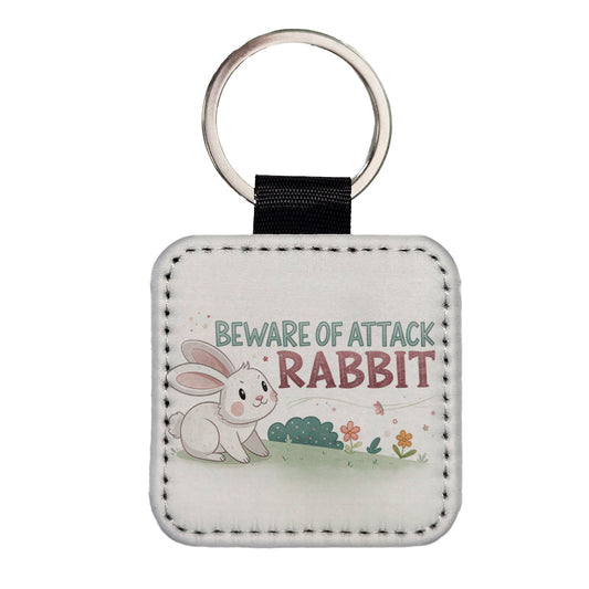 Beware Of Attack Rabbit Funny Square Faux Leather Keychain