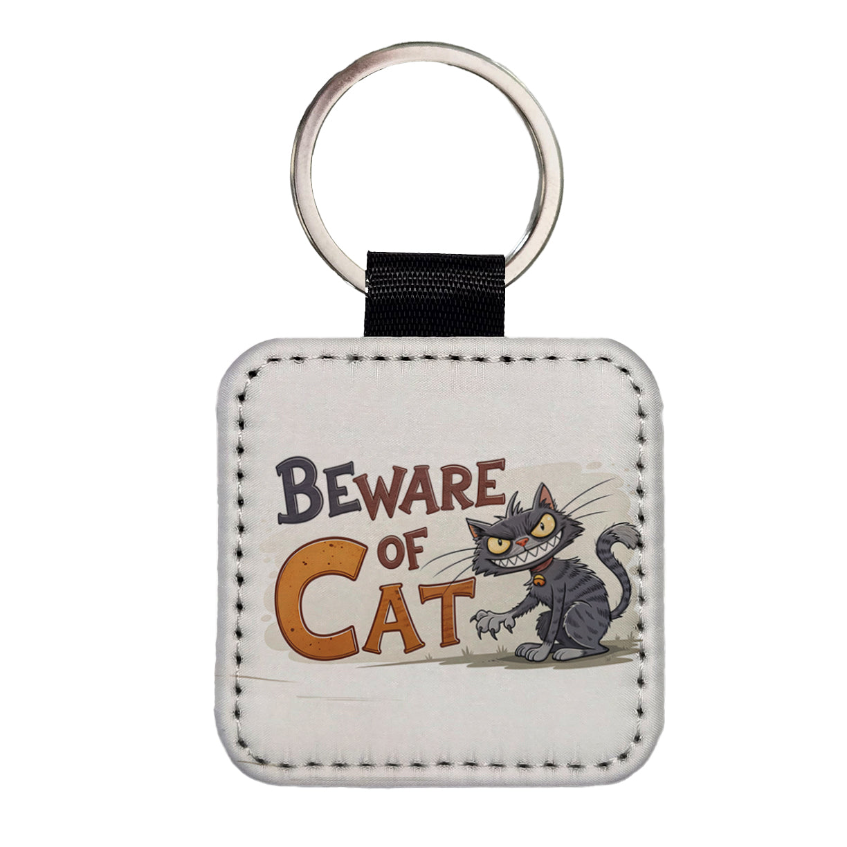 Beware Of Cat Funny Square Faux Leather Keychain
