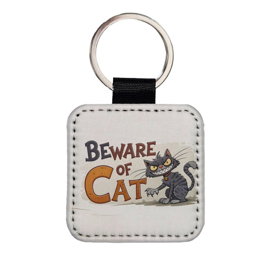 Beware Of Cat Funny Square Faux Leather Keychain