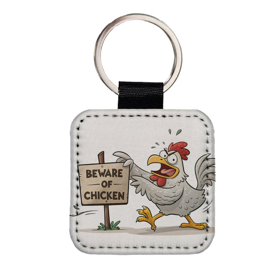 Beware Of Chicken Funny Square Faux Leather Keychain