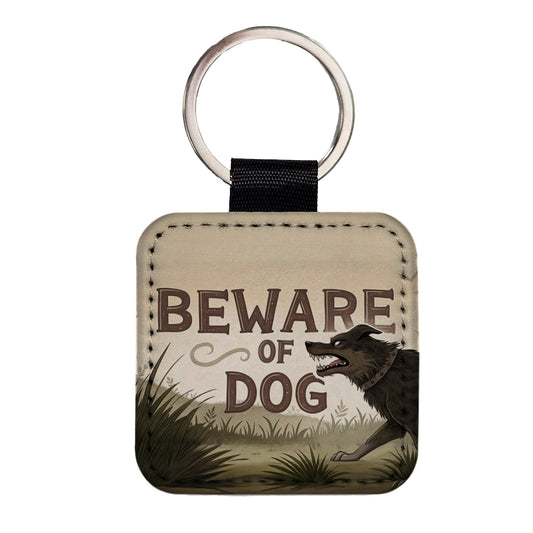 Beware Of Dog Mean Square Faux Leather Keychain
