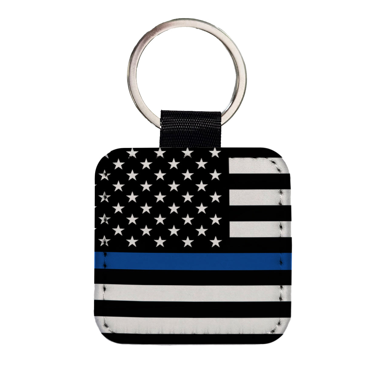 Black and White Thin Blue Line Police American Flag Square Faux Leather Keychain