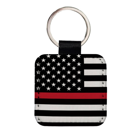 Black and White Thin Red Line Firefighter American Flag Square Faux Leather Keychain