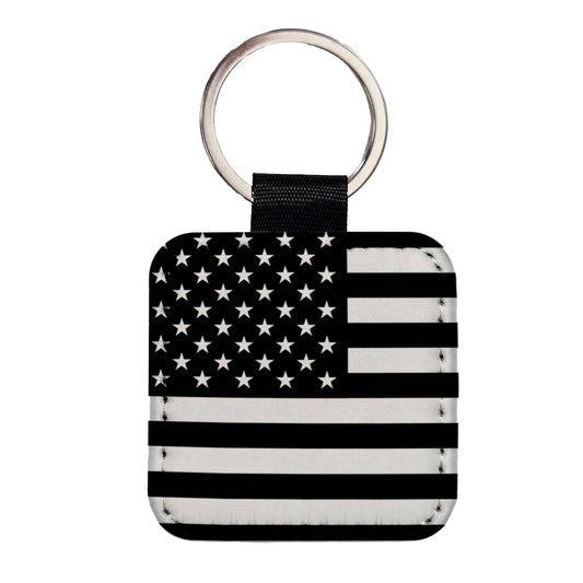 Black and White United States US American Flag Square Faux Leather Keychain