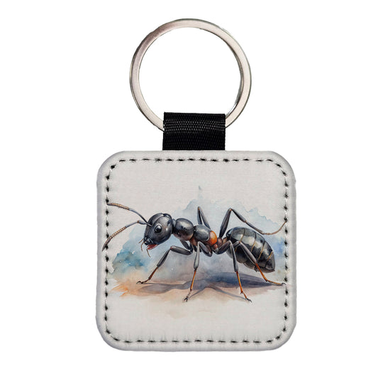 Black Carpenter Ant Watercolor Square Faux Leather Keychain