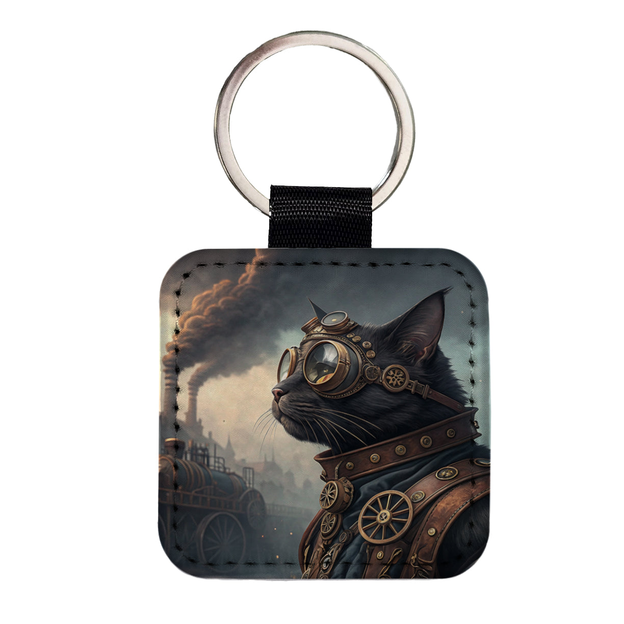 Black Cat Steampunk Square Faux Leather Keychain