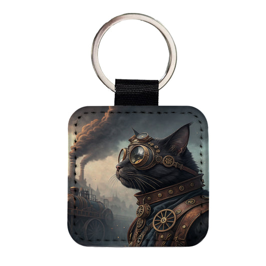 Black Cat Steampunk Square Faux Leather Keychain