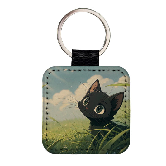 Black Kitten Cat in Field of Grass Anime Style Square Faux Leather Keychain