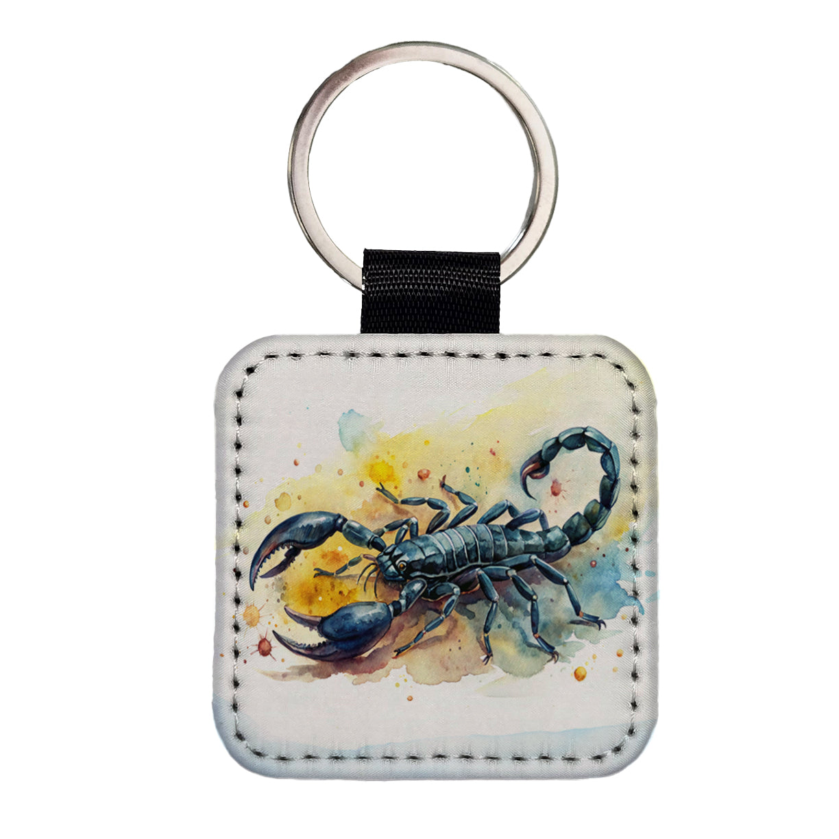 Black Scorpion Watercolor Square Faux Leather Keychain