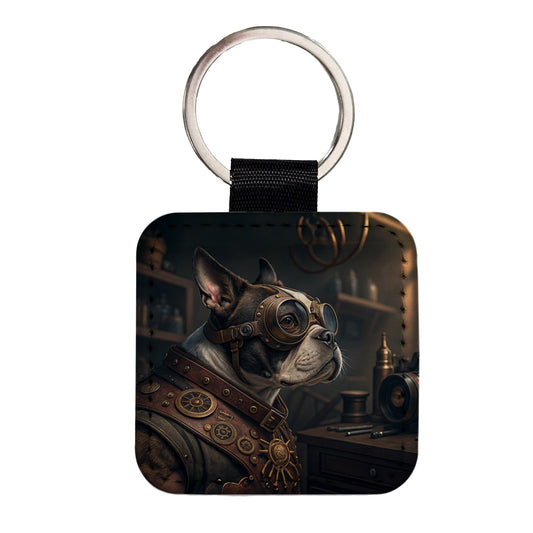 Boston Terrier Dog Steampunk Square Faux Leather Keychain