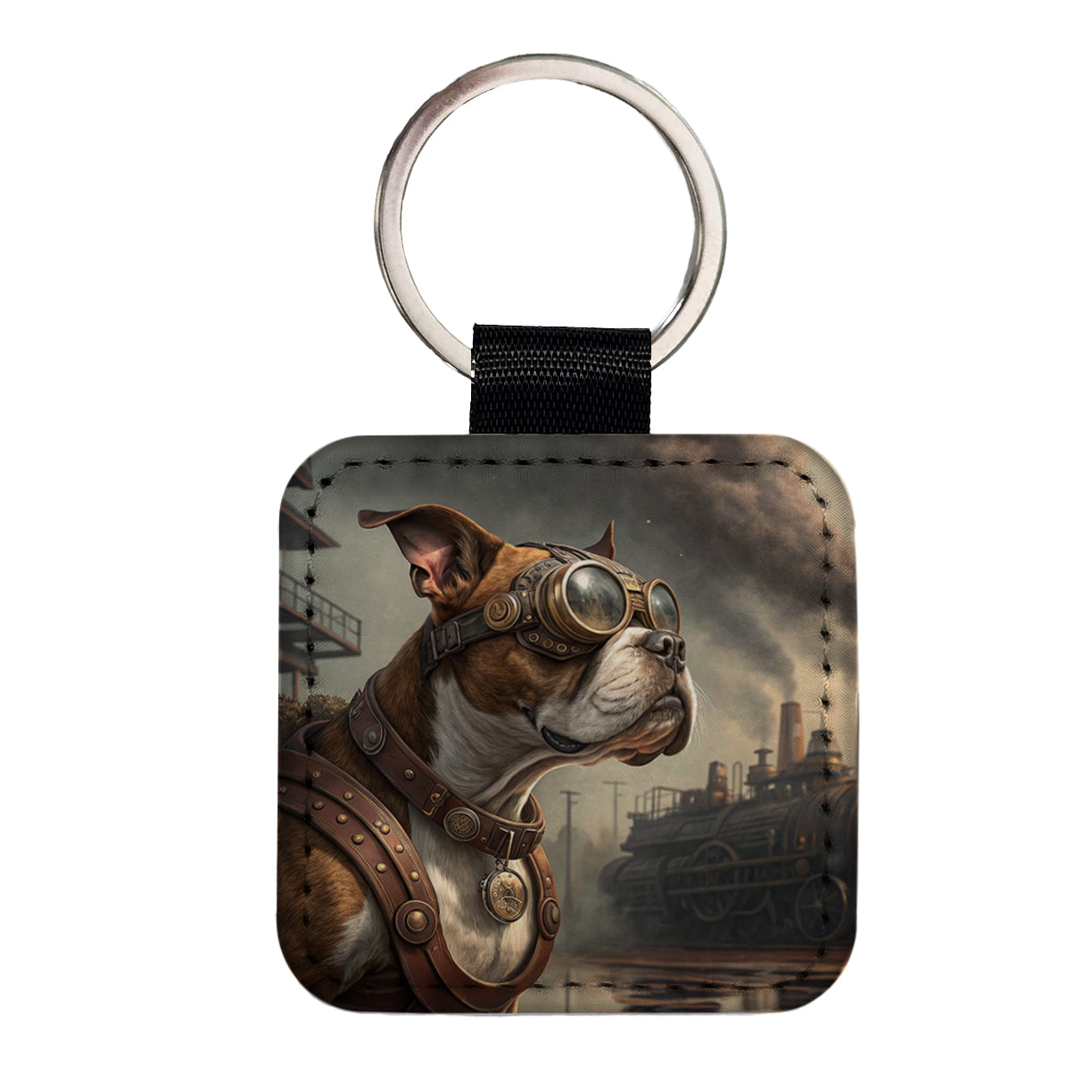 Boxer Dog Steampunk Square Faux Leather Keychain