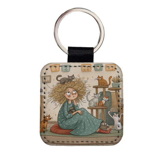 Cartoon of Crazy Cat Lady Home Square Faux Leather Keychain