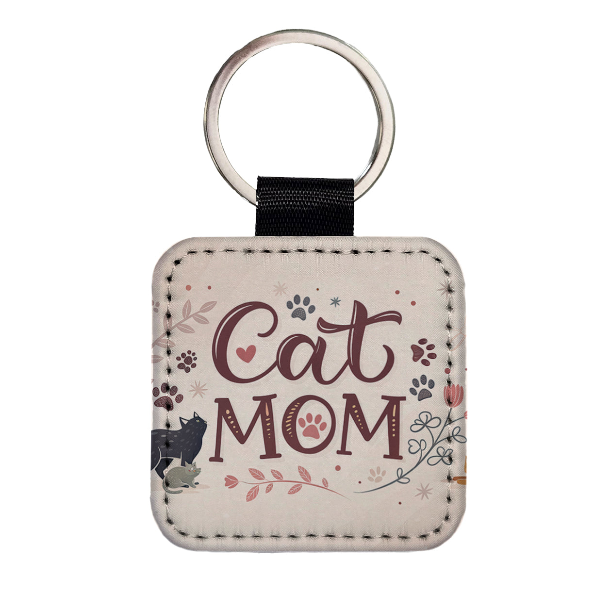Cat Mom Floral Paw Prints Square Faux Leather Keychain
