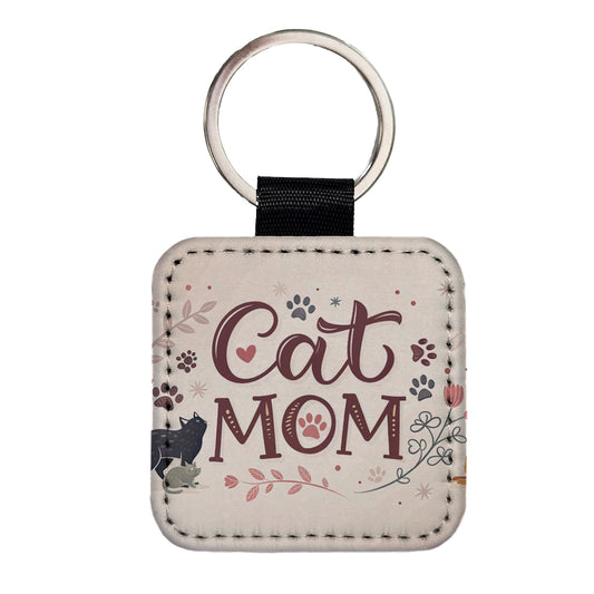 Cat Mom Floral Paw Prints Square Faux Leather Keychain