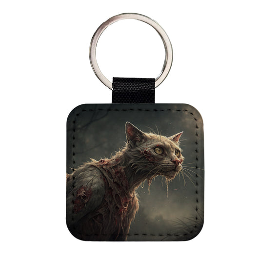 Cat Zombie Creepy Scary Halloween Square Faux Leather Keychain