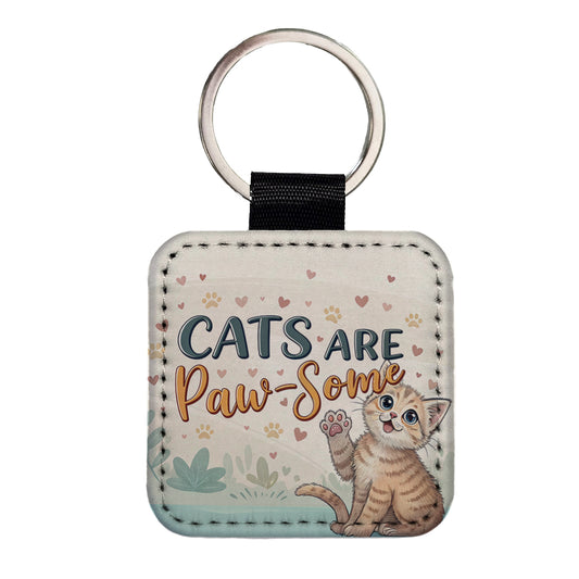 Cats Are Paw-Some Awesome Funny Square Faux Leather Keychain