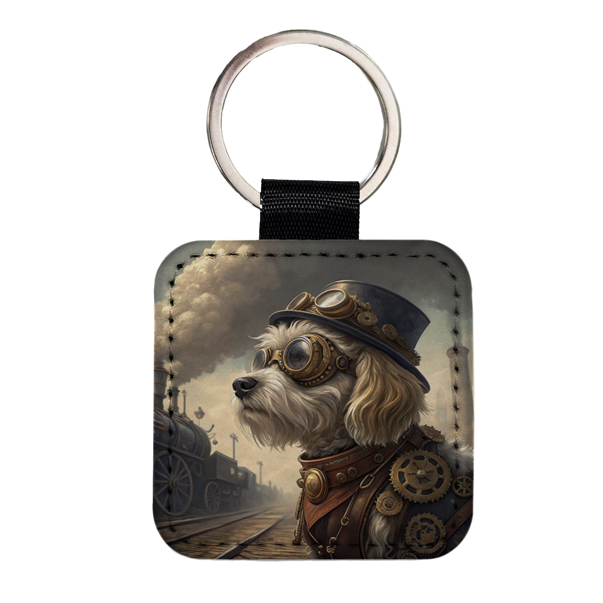 Cavachon Dog Steampunk Square Faux Leather Keychain