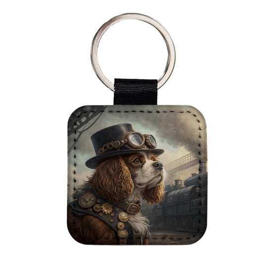 Cavalier King Charles Spaniel Dog Steampunk Square Faux Leather Keychain