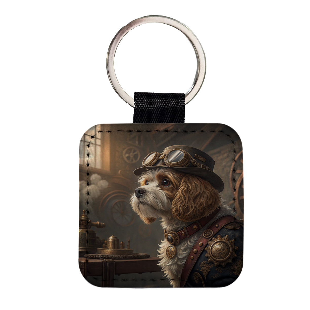 Cavapoo Dog Steampunk Square Faux Leather Keychain