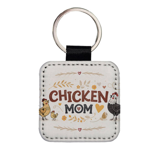 Chicken Mom Cute Funny Square Faux Leather Keychain