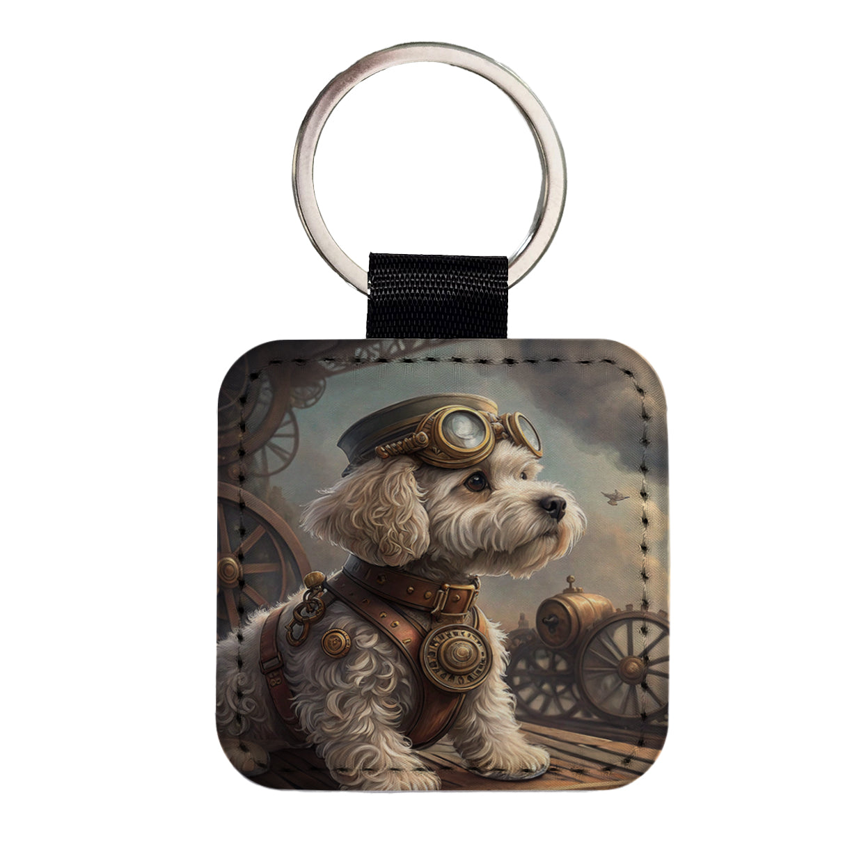 Cockapoo Dog Steampunk Square Faux Leather Keychain