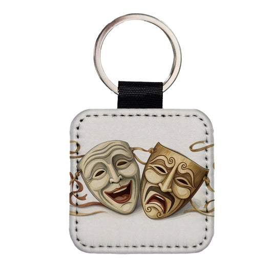 Comedy And Tragedy Theater Drama Masks Square Faux Leather Keychain