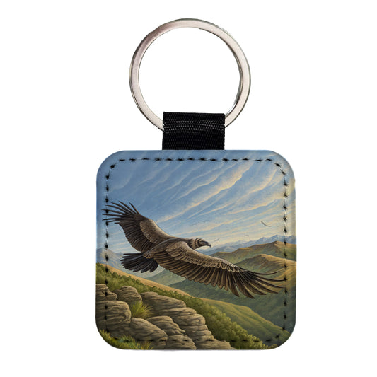 Condor in Flight Illustration Square Faux Leather Keychain