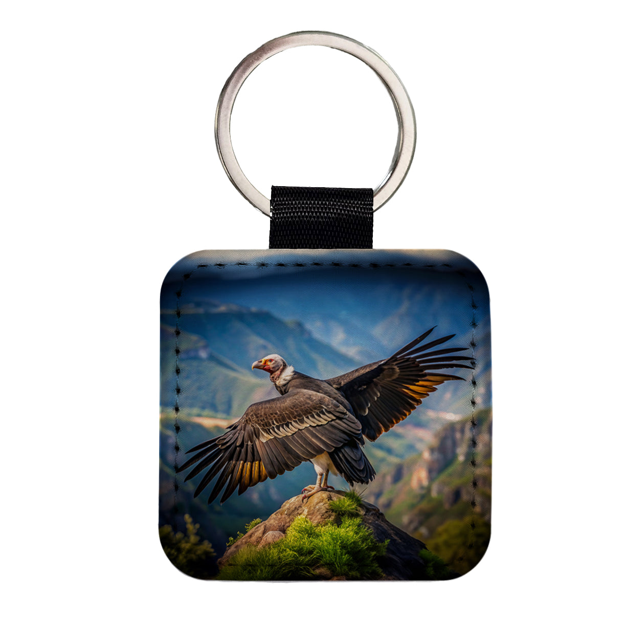 Condor on Mountain Top Square Faux Leather Keychain