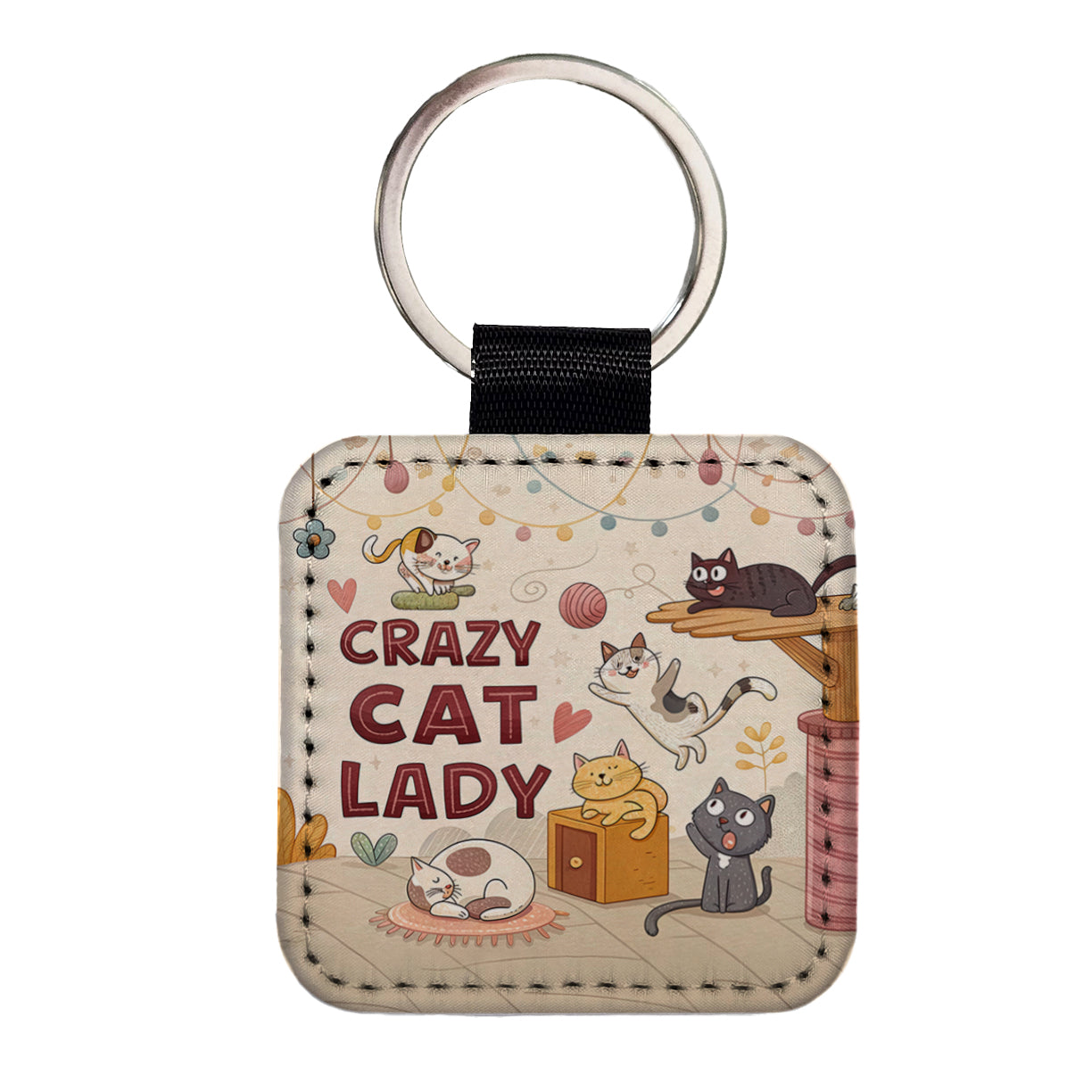 Crazy Cat Lady Funny Cartoon Square Faux Leather Keychain