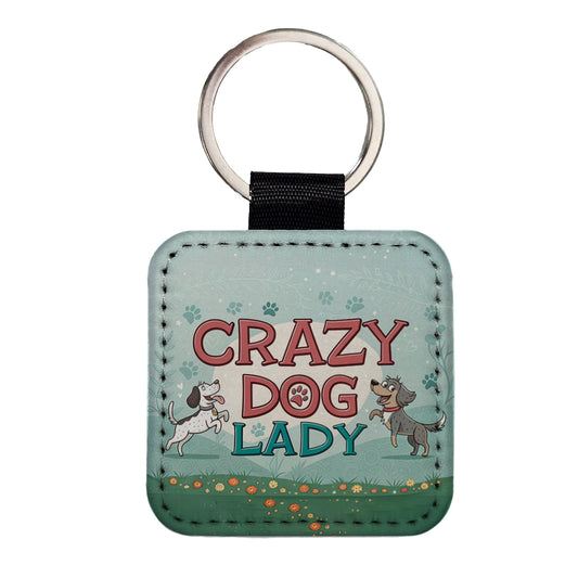 Crazy Dog Lady Funny Cartoon Square Faux Leather Keychain